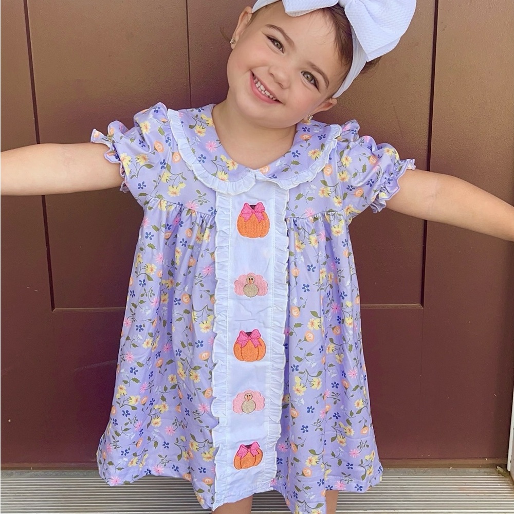 Lavender Floral Pumpkin Thanksgiving Embroidered Dress Toddler